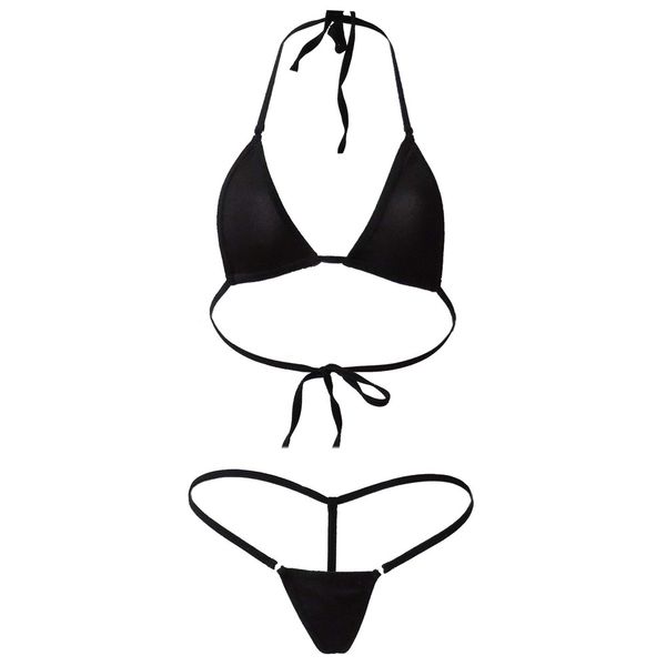 

micro bikini 2019 mayo solid color hanging neck tiny girl beach sun bath swimwear women swimsuit women biquini mini bikinis, Black