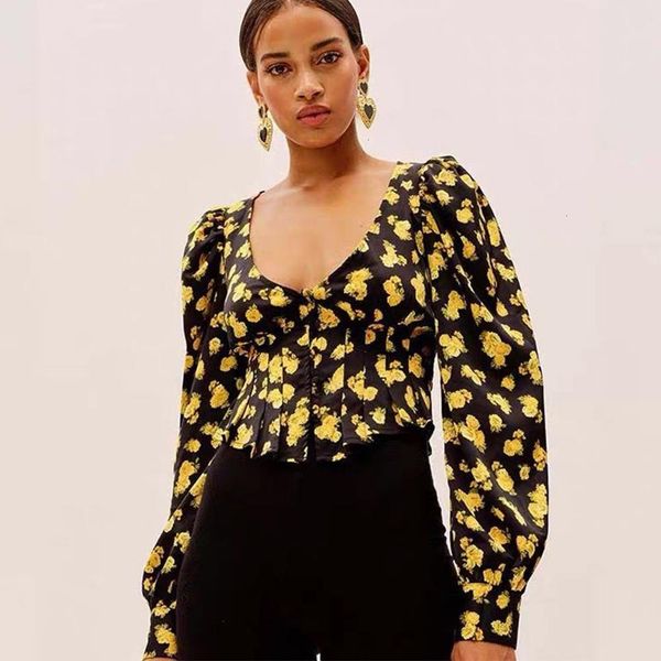 

2021 new women spring autumn lantern sleeves blouse floral printed pullover v-neck high waist office lady long sleeve outerwear 9dd7, White