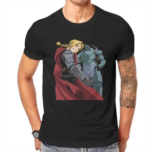 

men's t-shirts fullmetal alchemist anime edward elric tshirt t-shirt men cotton o-neck hip hop tees streetwear harajuku, White;black