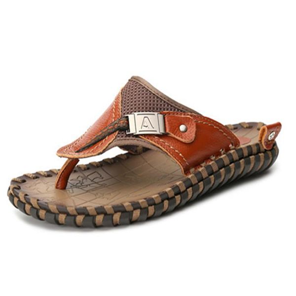 

slippers 2021 genuine leather men fashion beach for casual male summer shoes, Black