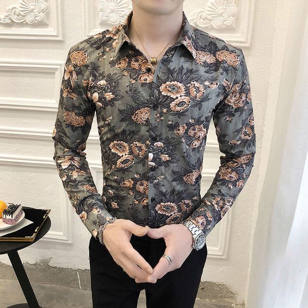 

2021 spring flower men's slim fashion printing casual long-sleeved men shirt british style society mens shirts gepn, White;black