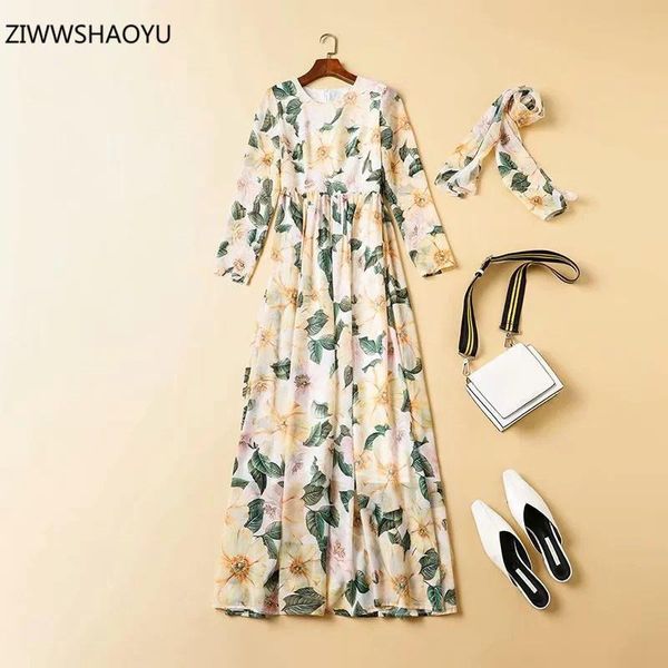 

casual dresses ziwwshaoyu summer fashion woman o-neck long sleeve elegant maxi dress floral print holiday, Black;gray