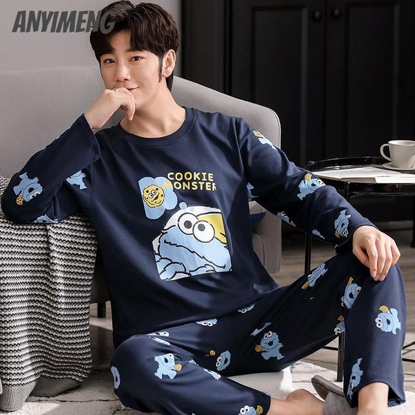 

sleep wear men fall winter men pajamas two pieces long sleeved cotton loungewear cartoon printing fashion mans home clothing new, Black;brown
