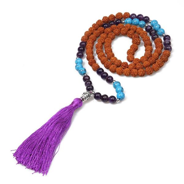 

pendant necklaces rudraksha 108 mala beaded necklace yoga meditation blessing men and women tassel buddha head semi-precious stone jewelry, Silver