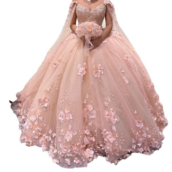 2022 Romantik Allık 3d Çiçekler Balo Elbise Quinceanera Prom Elbiseler Cape Wrap Kaftan Boncuklu Dantel Uzun Tatlı 16 Elbise Vestidos 1202y