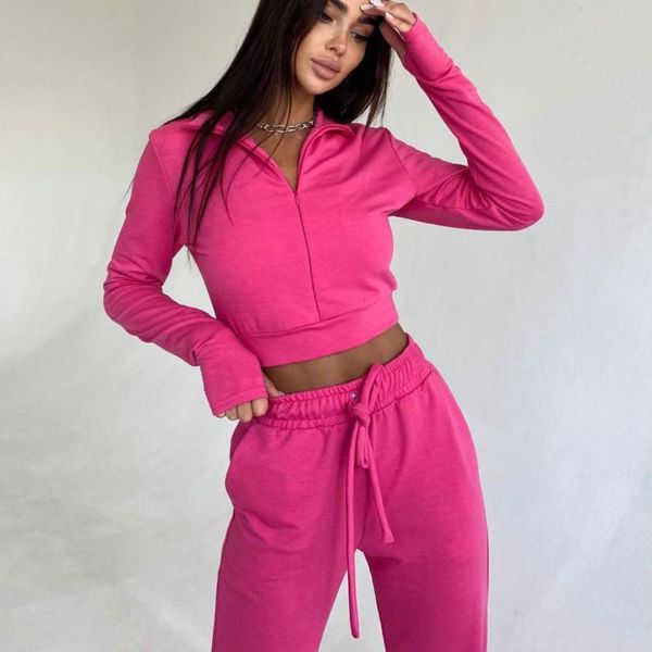 

women's two piece pants 2021 autumn/winter casual sweatshirt two-piece suit lapel zipper cropped elastic waist bandage trousers, White