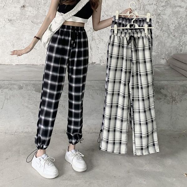 

straight pants women chic color plaid retro summer stylish harajuku basic ins teens streetwear workout all-match trouser female women's, Black;white