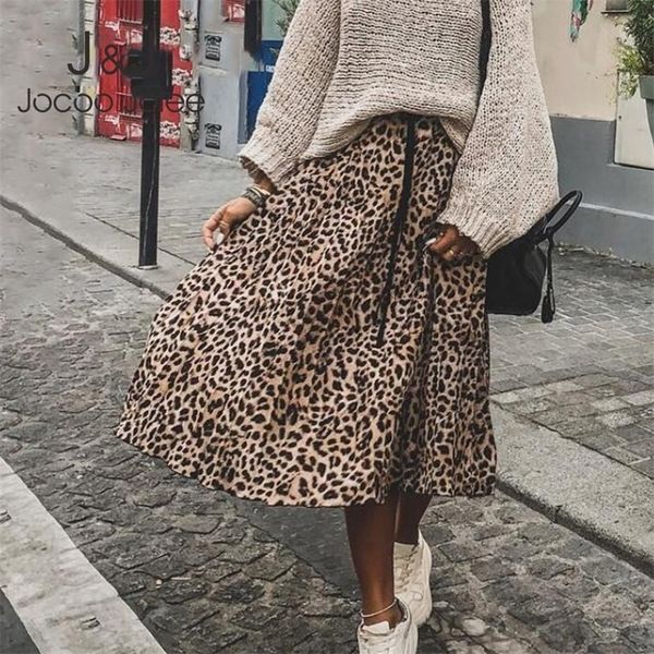 

jocoo jolee skirt women leopard print pleated skirts vintage drawstring elastic waist midi skirts casual korean a line skirt 210303, Black