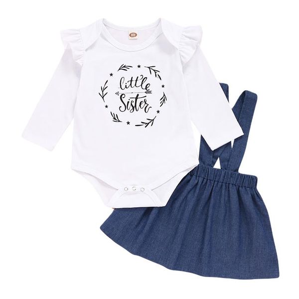

clothing sets 2pcs baby girl clothes 0-24 months born outfits long sleeve little sister romper denim suspender skirt for girls, White