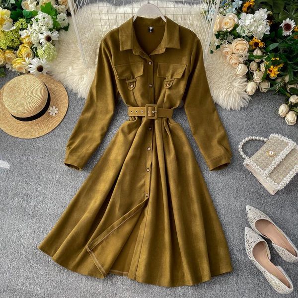 

casual dresses women vintage long sleeve dress autumn winter elegant v-neck a-line party pocket sashes knee-length vestidos, Black;gray