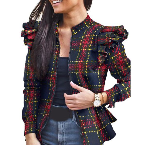 

women's jackets ladies coat ruffle long-sleeved stitching zipper clothing leopard/camouflage printed for spring summer auntumn, Black;brown