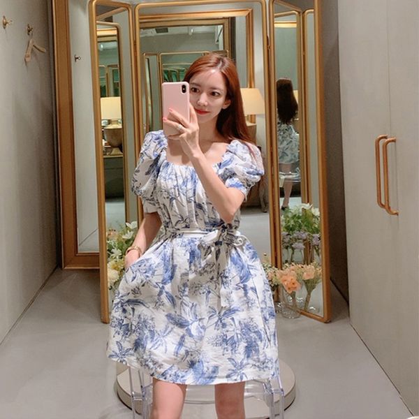

new arrival fashion beach women vintage puff sleeve elegant summer temperament work style print a-line mini dress wogr, White;black