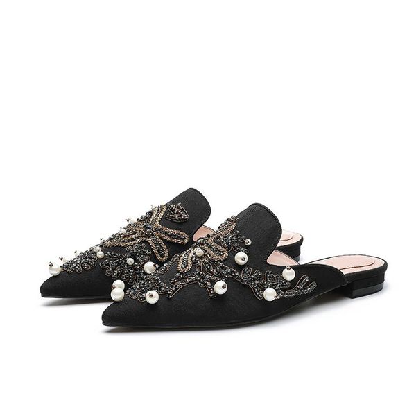 

slippers woman luxury party flats fashion bling crystal pearls decor pointed toe black