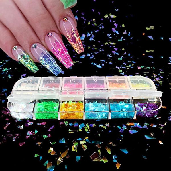 

nail art decorations 12 grids/set holographic glitter sequin mixed round irregular fragment diy flake paillette tips set, Silver;gold