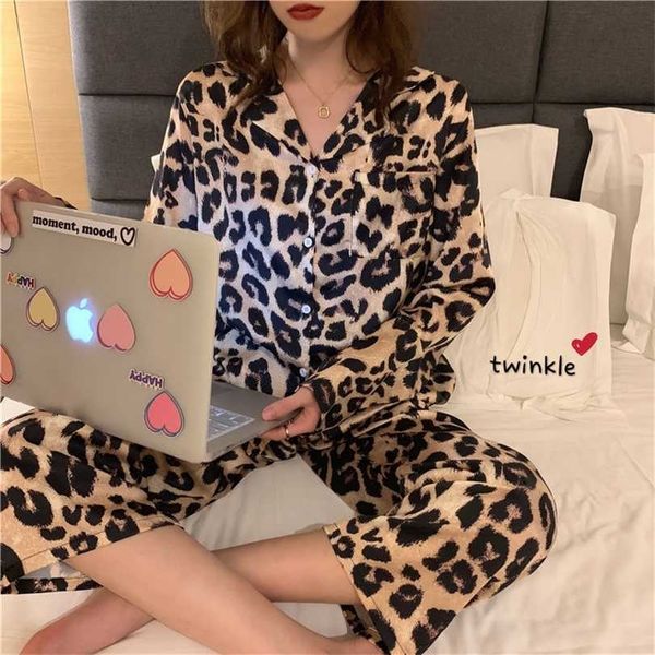 Pijamas para as mulheres outono de mangas compridas Calças Ins vento sleepwear tamanho grande serviço de casa de malha tops 211215