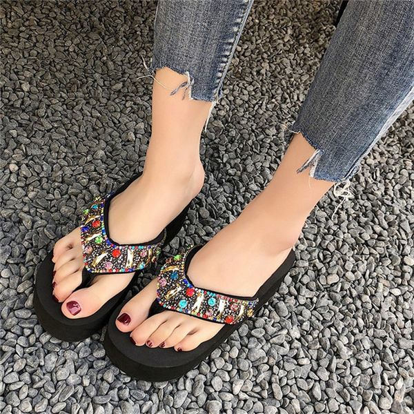 

sandals beaded diamonds flip-flops female sandals slippers 2019 summer new wedges women shoes, Black
