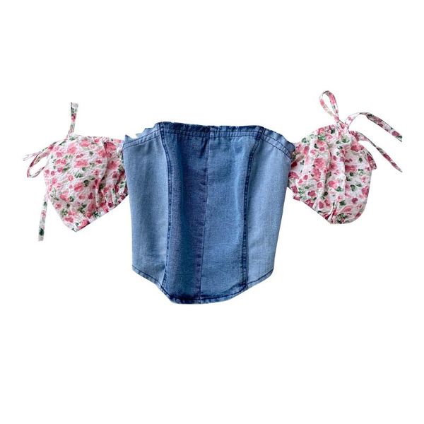 

women's blouses & shirts 2021 fashion short blouse female summer vacation style bubble sleeve blusa stitching denim tube shirt dk777, White