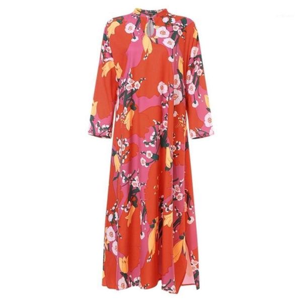 

women vintage dress plus size o neck long sleeve flower print robes ladies elegant loose floor dresses beach #lr3 casual, Black;gray