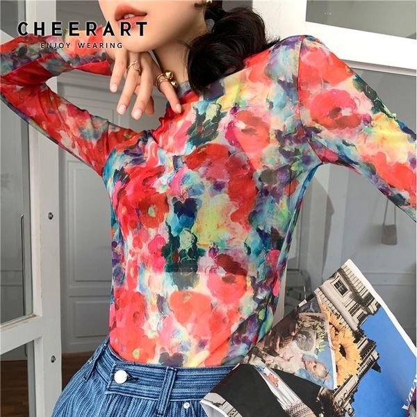 

cheerart red crewneck mesh long sleeve t shirt oil painting y2k fashion floral crew neck tee femme 2021 fashion women, White