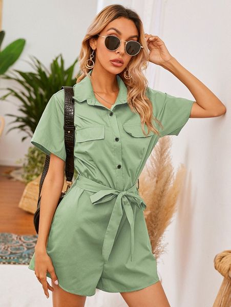 

button front belted romper b4fw#, White