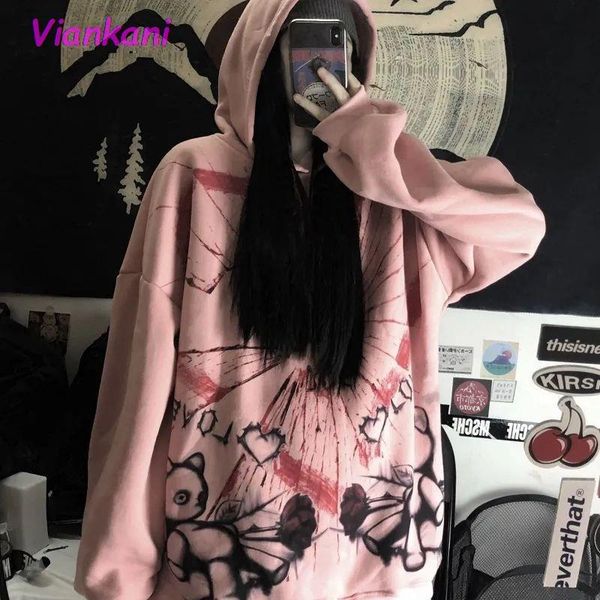 

women's hoodies & sweatshirts autumn women hooded plush oversized streetwear kawaii gothic anime print harajuku vintage clothes 2021 co, Black