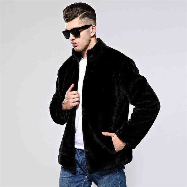 Homens casaco de pele preta colarinho manga comprida inverno falso sólido frouxo de vison casual casual 211213
