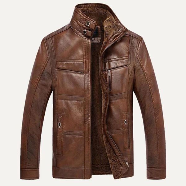 

men's fur & faux autumn winter jackets men long sleeve stand collar leather fleece lined zip warm short jacket coat casual vintage outw, Black