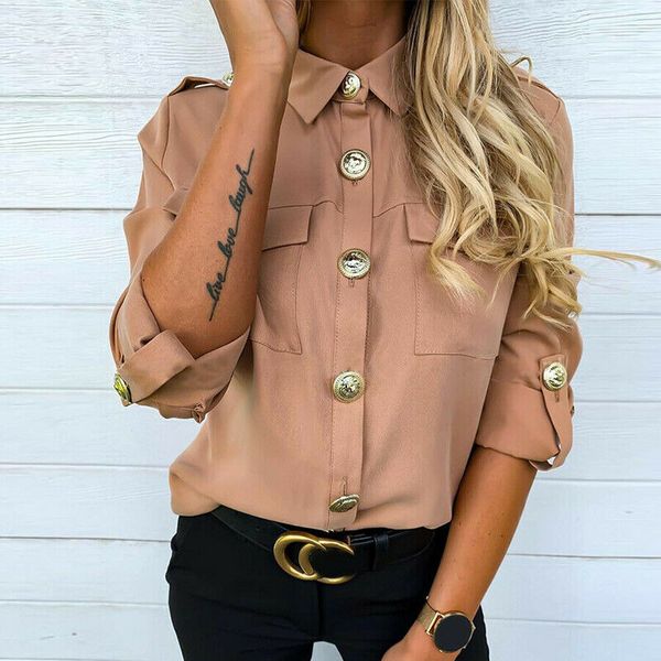 

women button down blouse shirt office ladies long sleeve casual v-neck loose ol blouse fashion new autumn, White