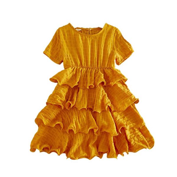 

girl's dresses girl\u2021s sweet short-sleeved ruffles dress fashion solid color round neck multi-layer princess, Red;yellow