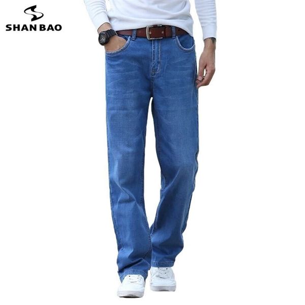 

shan bao autumn brand straight loose stretch denim jeans classic style young men's plus size casual jeans 210723, Blue