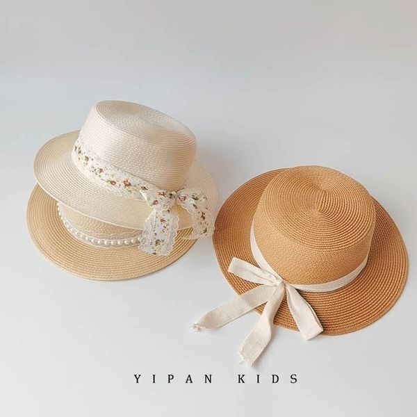 

girls straw hat caps kids bucket hats children children's summer pearl lace bow princess cap b7984, Yellow