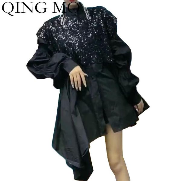 

qing mo women large size shirt 2021 autumn heavy industry silver sequins shirt shawl fake two cardigan casual lhxx232, White