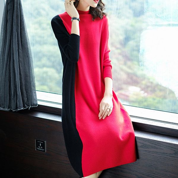 

women 2021 europe autumn winter stitching fashion long sleeve female half turtleneck knee-length knitted dress nebg, Black;gray