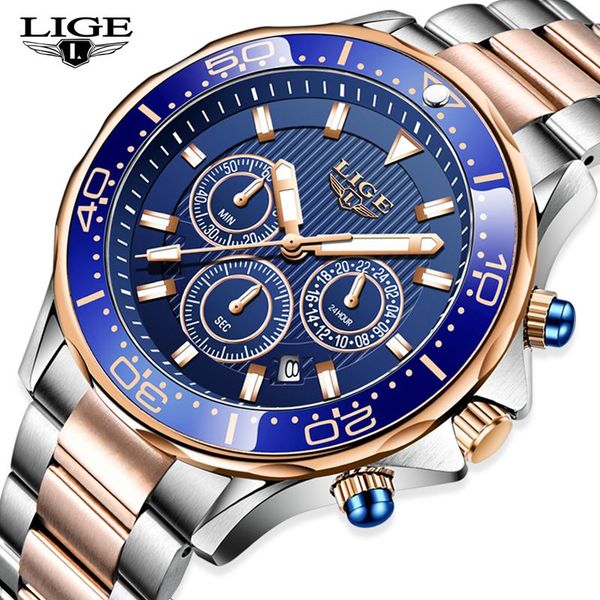 

wristwatches 2021 lige fashion mens watches silver stainless steel 30m waterproof quartz watch men army luminous chronograp, Slivery;brown