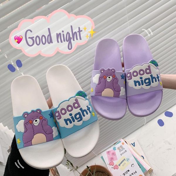 

summer indoor home women slippers non-slip bottom flat heel bathroom shower shoes sandal cute cartoon bear soft ladies, Black