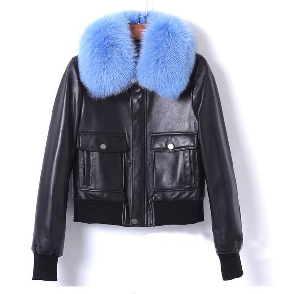

women's leather & faux winter fur collar coat women genine chic sheepskin pockets jackets overcoat d943, Black