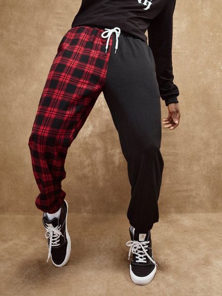

romwe guys contrast plaid drawstring pants z799#, Black