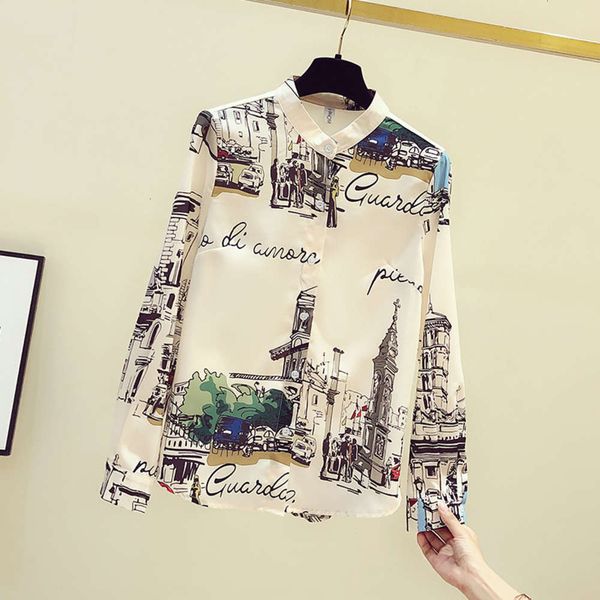 

luxury long hong kong style printed shirt women's sleeve chiffon early spring 2021 2021, White