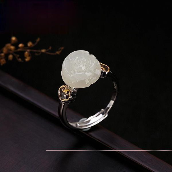 

cluster rings natural hetian white jade rose flower opening adjustable ring chinese style retro charm women's brand silver jewelry, Golden;silver