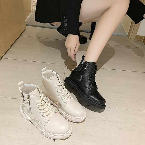 

boots women 2021 luxury designer female shoes round toe zipper winter footwear fashion ladies rubber rock lolita low ankle, Black
