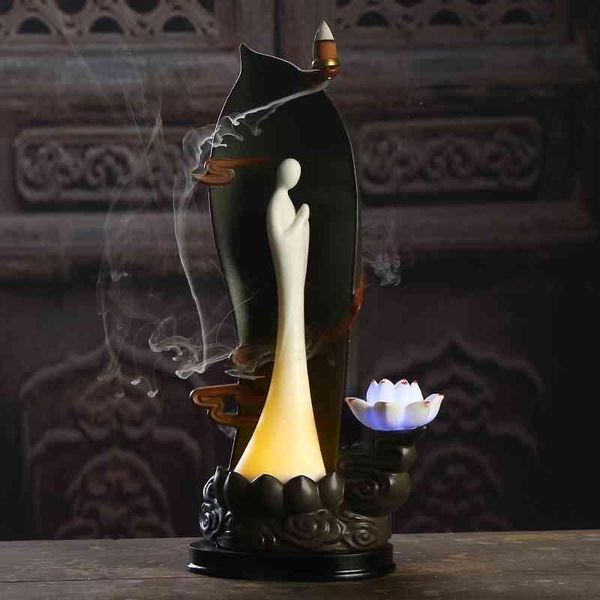 

fragrance lamps smoke waterfall incense holder lofty mountains and flowing water backflow burner mountain censer with led light