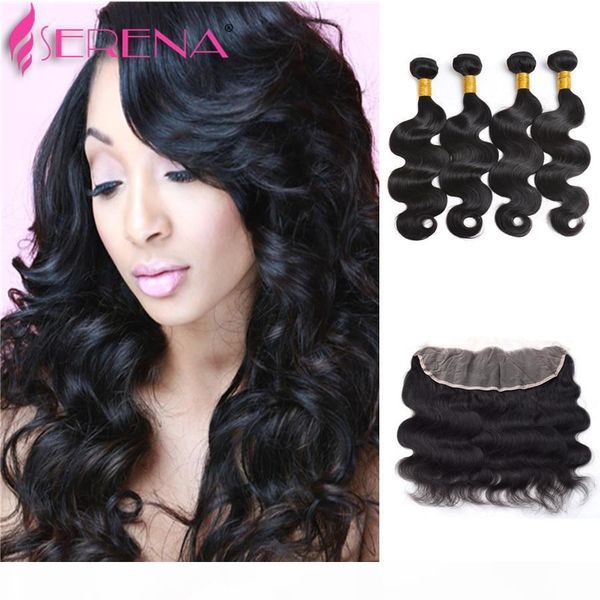 

peruvian human hair body wave bundles and frontal virgin hair bundle with lace frontal body wave hair frontal weaves 13x4 closure bundles, Black;brown