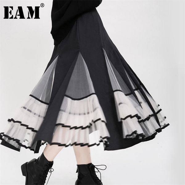 

[eam] high waist black organza split pleated temperament half-body skirt women fashion tide new spring autumn 19a-a180 210311