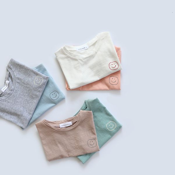 

children's summer korean loose cotton wear 2021 slubby raglan sleeve cute smiley face print simple base t-shir, Black;white