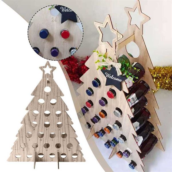 Árvore de Natal Rack de vinho de madeira Calendário de contagem regressiva 24 dias presentes de suporte de garrafa de feriado Xmas decorações 211019