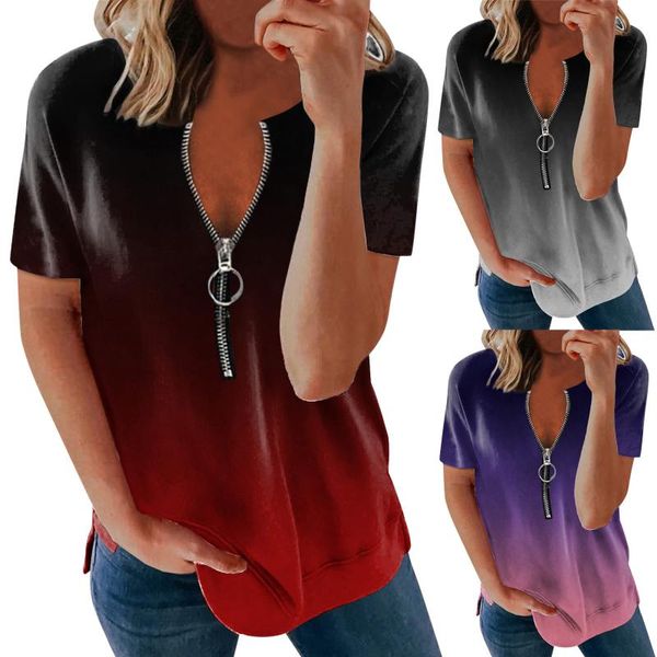 

women's blouses & shirts women fashion pure color stripe zipper short sleeves casual blouse blousess, White