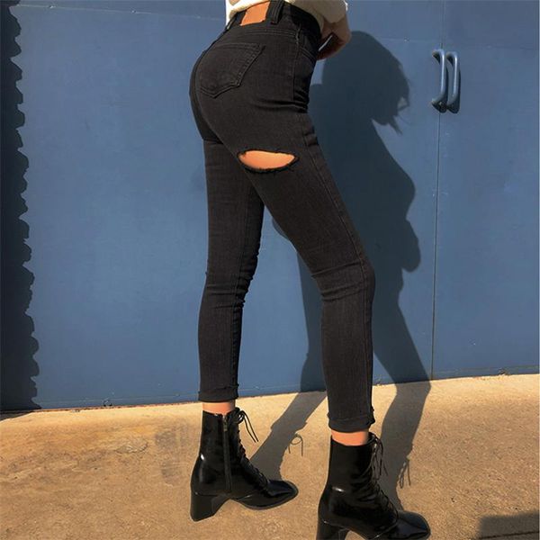 

women's jeans bgteever stretch black skinny women ripped holes high waist female hip package capris pencil denim femme 2021, Blue