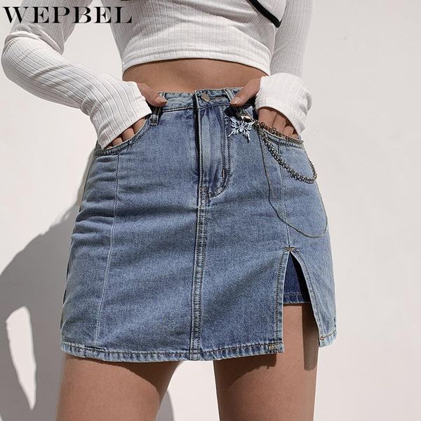 

skirts wepbel high waist denim skirt women's solid color patchwork slit summer fashion slim pocket, Black