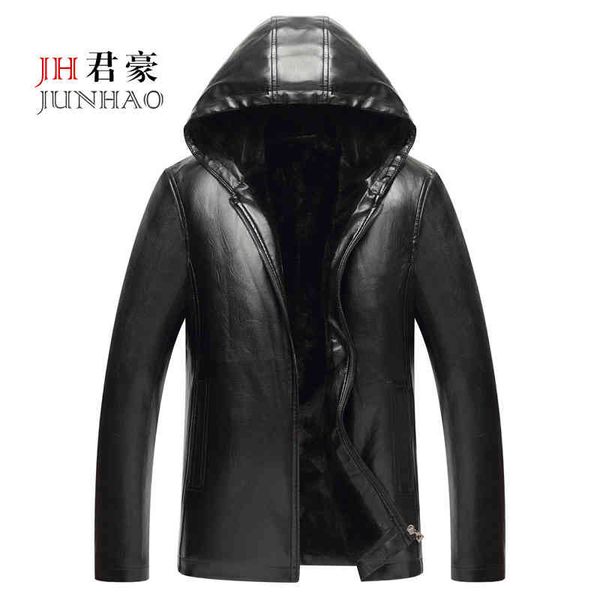 

new 2021 busins coat medium long hooded middle-aged men's fur all-in-one pu leather et, Black