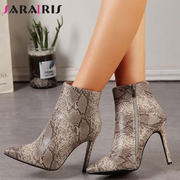 

boots sarairis designer snake print women winter fashion ladies pointed toe high heels zipper ankle shoes, Black